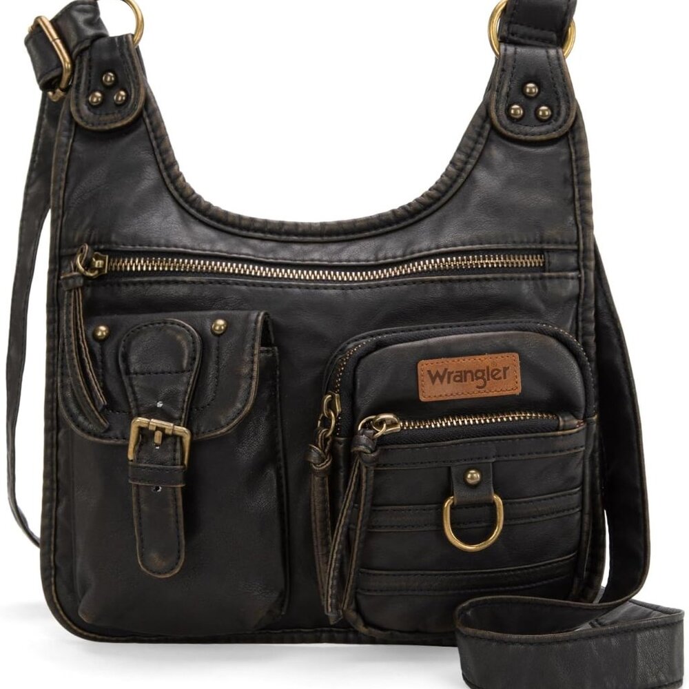 Wrangler Crossbody Bag for Women Small Soft Washed Leather Multi Pocket Shoulder